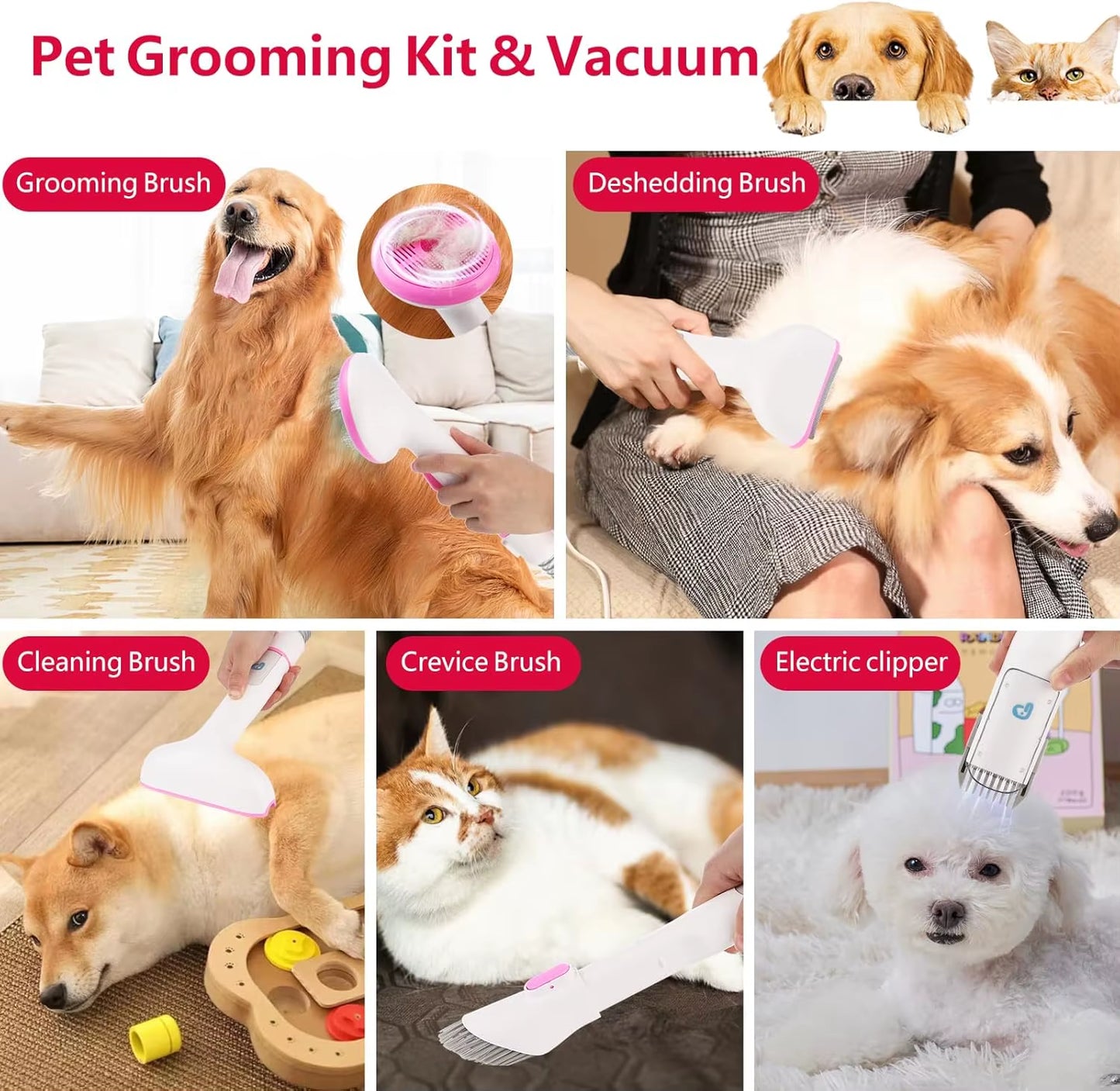 Pet Grooming Vacuum, Dog Hair Vacuum Groomer, Multi-Functional Pet Grooming Kits Dog Hair Vacuum for Dogs, Cats & More